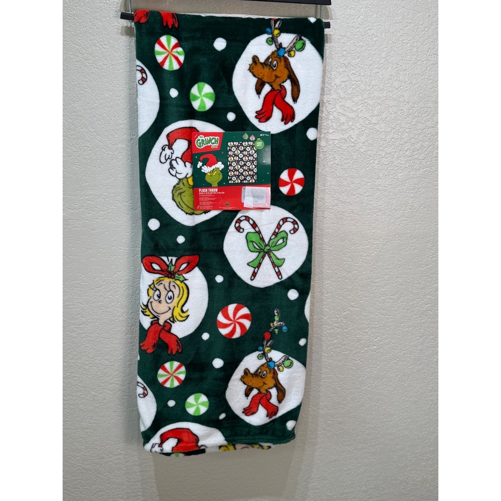 The‎ Grinch Green Plush Throw Blanket Cindy Lou Who Peppermints 50X70 NWT